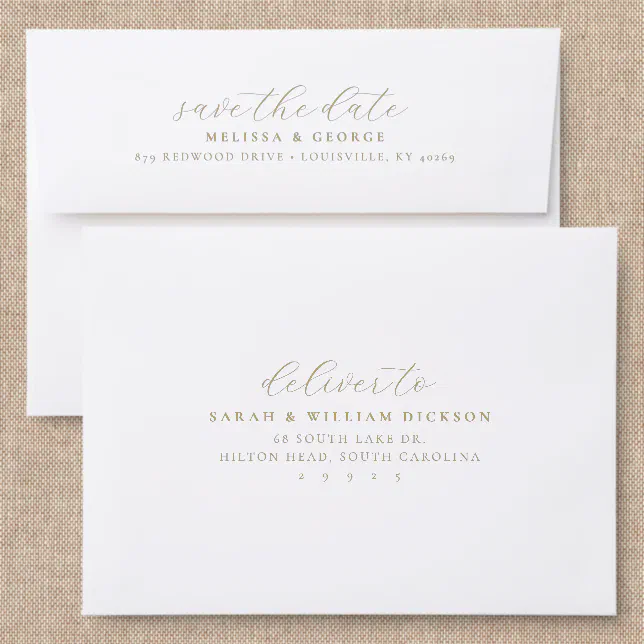 Gold Save the Date Back Addressed Envelopes
