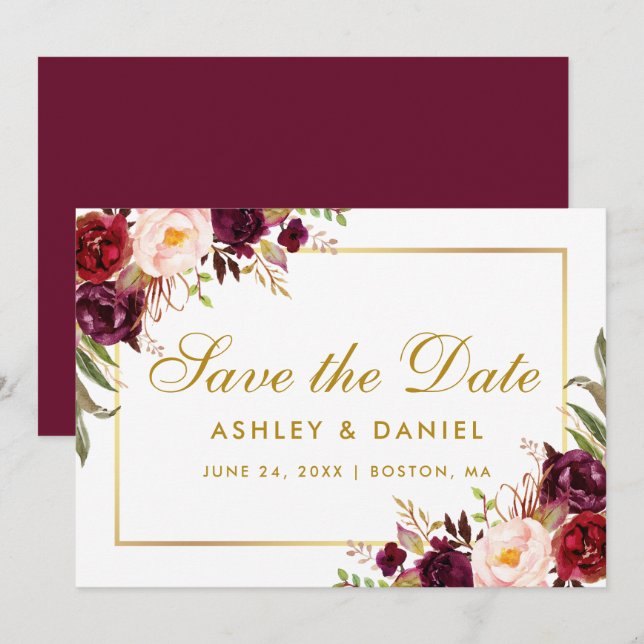 Gold  Save The Date Floral Burgundy BB (Front/Back)