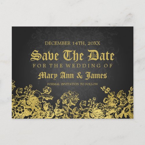 Gold Save The Date Victorian Flourish Black Announcement Postcard