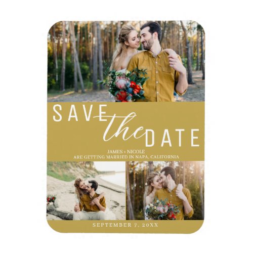 Gold Save the Date Wedding 3 Photos Magnet