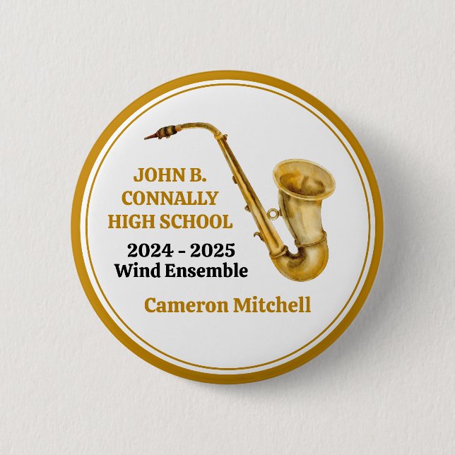 Gold Saxophone Player Personalized Band Button (Front)