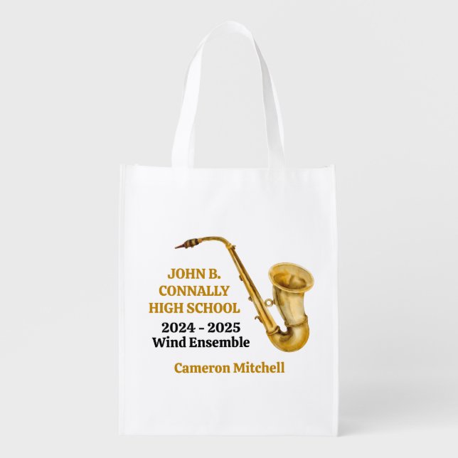 Gold Saxophone Player Personalized Band Grocery Bag (Front)