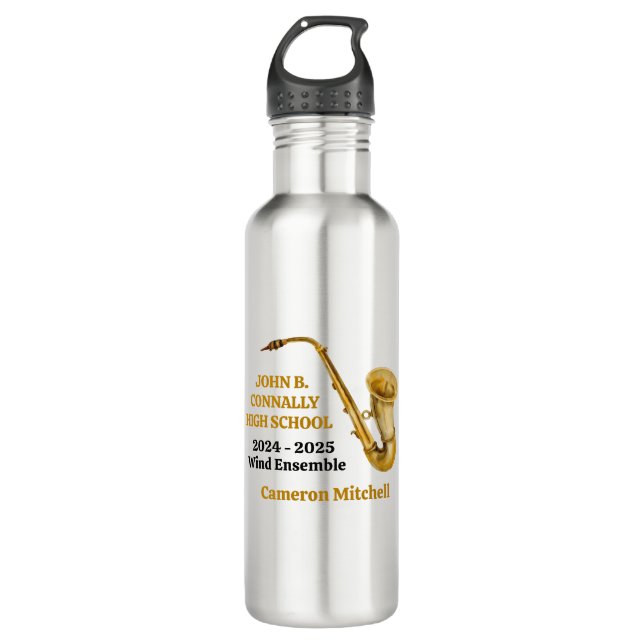 Gold Saxophone Player Personalized Band Stainless Steel Water Bottle (Front)
