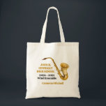 Gold Saxophone Player Personalized Band Tote Bag<br><div class="desc">This modern custom gold high school marching band tote bag features the student and band name under the saxophone instrument. Customize for symphonic,  wind ensemble,  or concert band members or their director for a great graduation keepsake gift.</div>