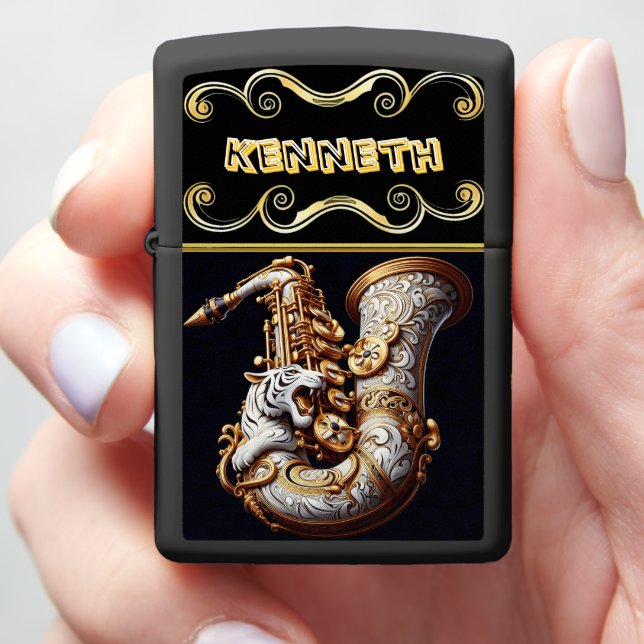 Gold Saxophone with Intricate Tiger Zippo Lighter (In Hand)
