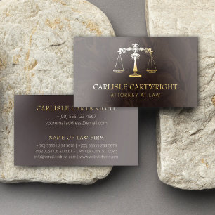 Gold Scales Brown Marble Luxury Lawyer Attorney Foil Business Cards