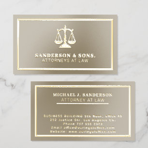 Gold scales of justice beige attorney at law foil spot gloss business cards