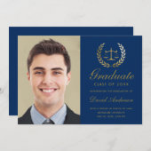 Gold Scales of Justice Law Laurel Blue Graduation Announcement (Front/Back)