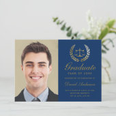 Gold Scales of Justice Law Laurel Blue Graduation Announcement (Standing Front)