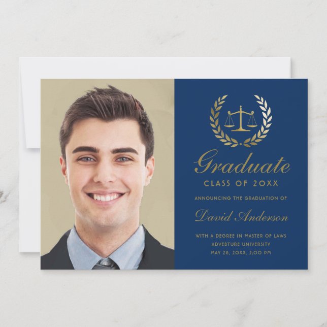 Gold Scales of Justice Law Laurel Blue Graduation Announcement (Front)