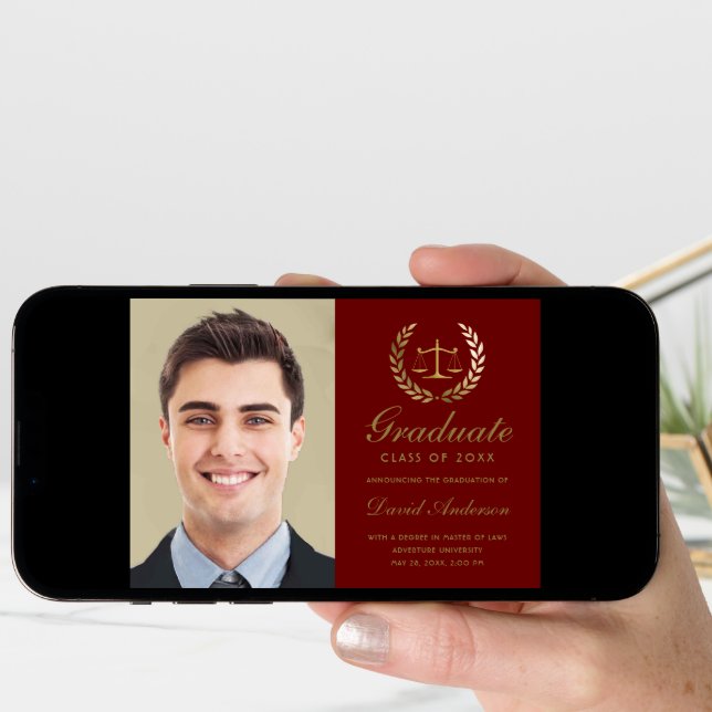 Gold Scales of Justice Law Laurel Red Graduation Announcement (Front Digital)