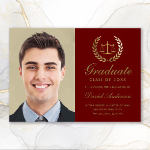 Gold Scales of Justice Law Laurel Red Graduation Announcement
