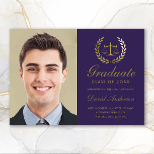 Gold Scales of Justice Law Purple Graduation Announcement