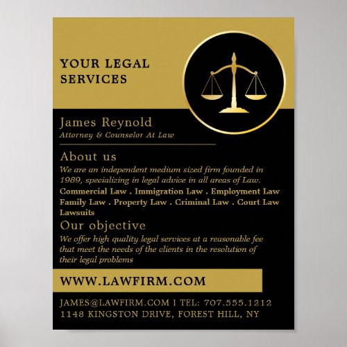Gold Scales of Justice Legal Services Advertising Poster