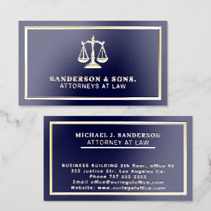 Gold scales of justice navy blue attorney at law foil spot gloss business cards