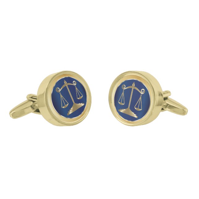 Gold Scales of Justice on Dark Blue | Lawyer Gold Cufflinks (Angled)