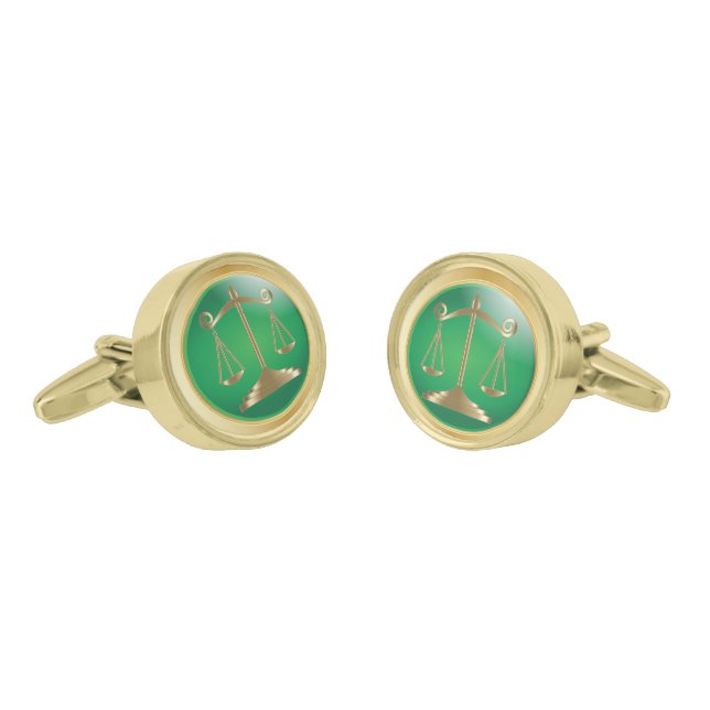 Gold Scales of Justice on Green | Lawyers Cufflinks (Angled)