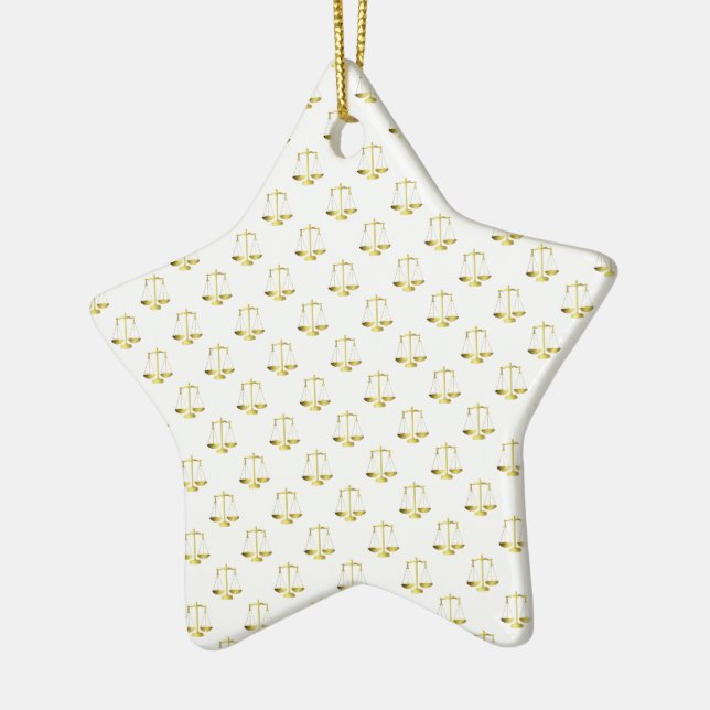 Gold Scales Of Justice on White Repeat Pattern Ceramic Ornament (Left)