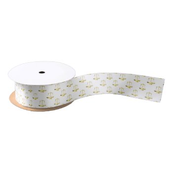 Gold Scales Of Justice On White Repeat Pattern Satin Ribbon by mallchicks at Zazzle
