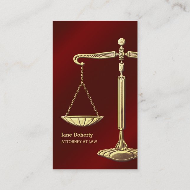 Gold Scales of Justice | Red Attorney at Law Business Card (Front)