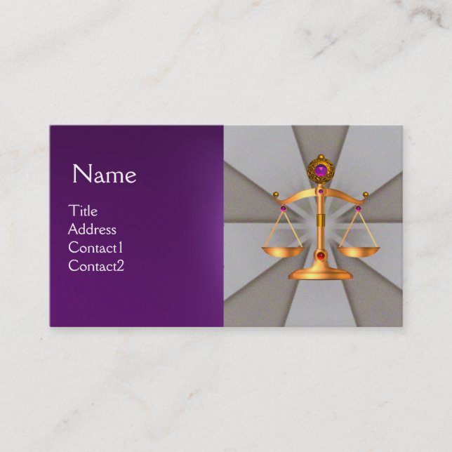 GOLD SCALES OF LAW,ATTORNEY MONOGRAM Grey Purple Business Card (Front)