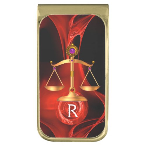 GOLD SCALES OF LAW ATTORNEY MONOGRAM Red Black Gold Finish Money Clip