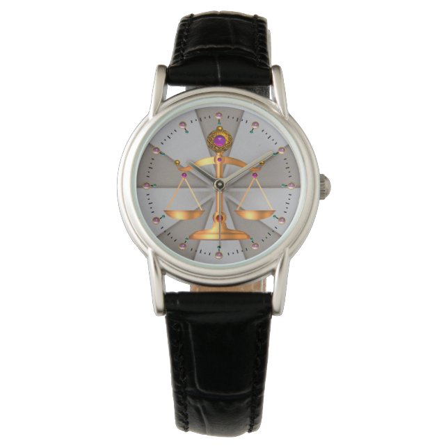 GOLD SCALES OF LAW,GEM STONES ,Justice Symbol Grey Watch (Front)