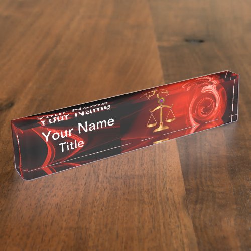 GOLD SCALES OF LAW Justice Symbol Red Black Name Plate