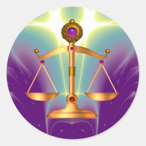 GOLD SCALES OF LAW WITH GEM STONES Justice Symbol Classic Round Sticker