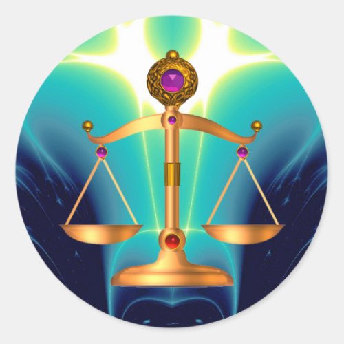 GOLD SCALES OF LAW WITH GEM STONES Justice Symbol Classic Round Sticker
