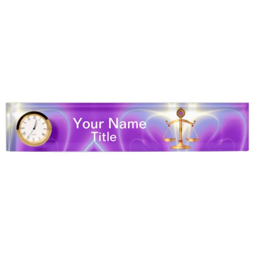 GOLD SCALES OF LAW WITH GEM STONES Justice Symbol Desk Name Plate