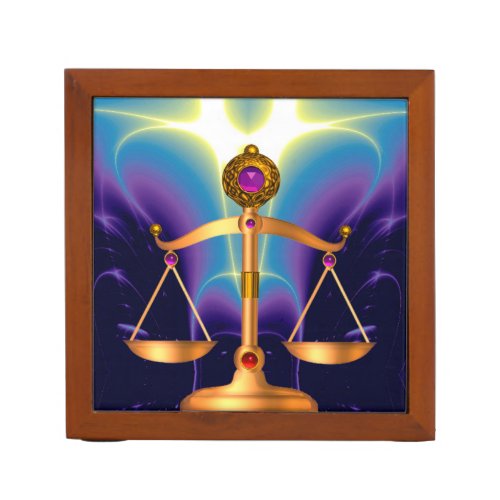 GOLD SCALES OF LAW WITH GEM STONES Justice Symbol Desk Organizer