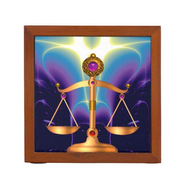 GOLD SCALES OF LAW WITH GEM STONES ,Justice Symbol Desk Organizer (Front)