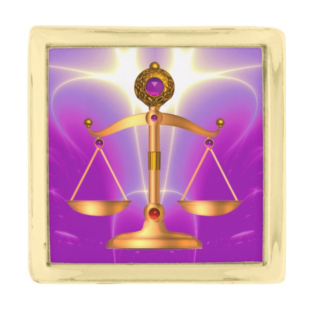 GOLD SCALES OF LAW WITH GEM STONES ,Justice Symbol Gold Finish Lapel Pin (Front)