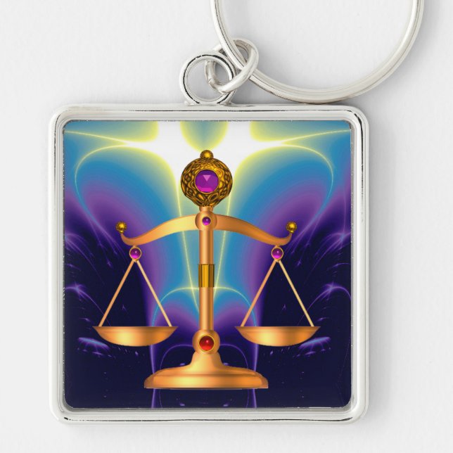 GOLD SCALES OF LAW WITH GEM STONES ,Justice Symbol Keychain (Front)