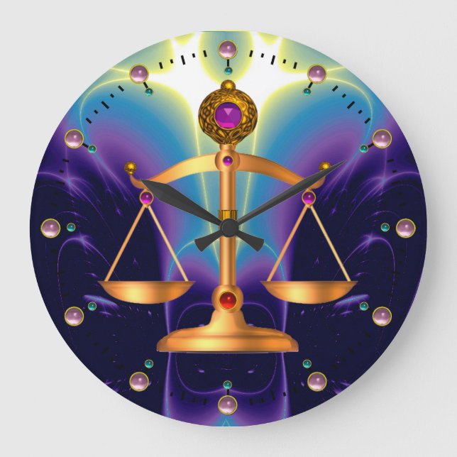 GOLD SCALES OF LAW WITH GEM STONES ,Justice Symbol Large Clock (Front)