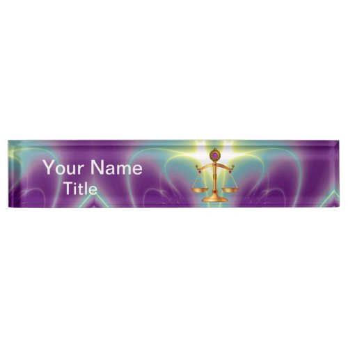 GOLD SCALES OF LAW WITH GEM STONES Justice Symbol Nameplate