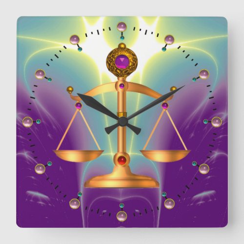 GOLD SCALES OF LAW WITH GEM STONES Justice Symbol Square Wall Clock