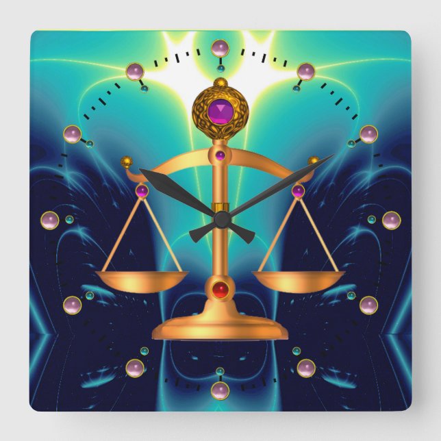 GOLD SCALES OF LAW WITH GEM STONES ,Justice Symbol Square Wall Clock (Front)