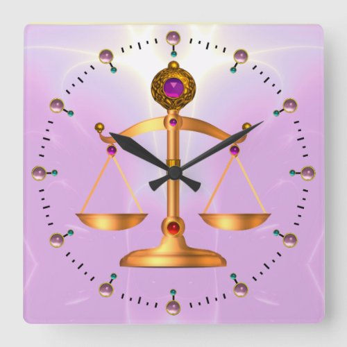 GOLD SCALES OF LAW WITH GEM STONES Justice Symbol Square Wall Clock