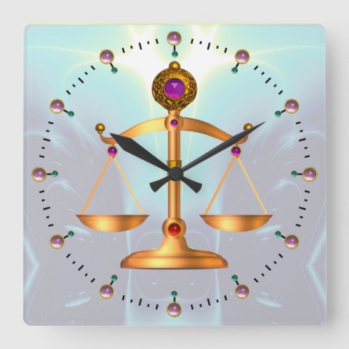 GOLD SCALES OF LAW WITH GEM STONES Justice Symbol Square Wall Clock