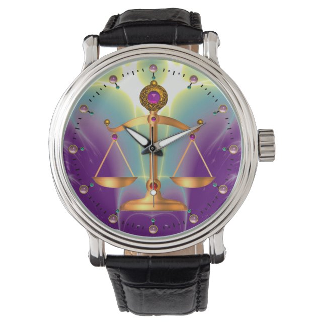 GOLD SCALES OF LAW WITH GEM STONES ,Justice Symbol Watch (Front)