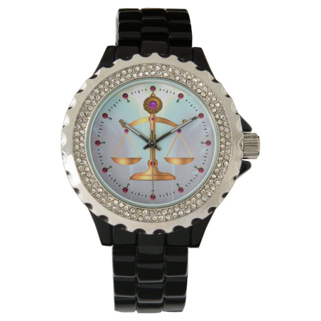 GOLD SCALES OF LAW WITH GEM STONES ,Justice Symbol Watch (Front)
