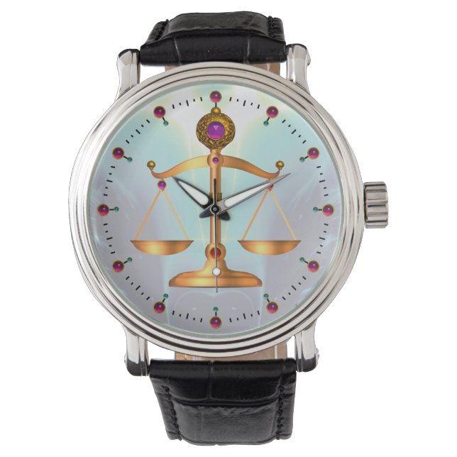 GOLD SCALES OF LAW WITH GEM STONES ,Justice Symbol Watch (Front)