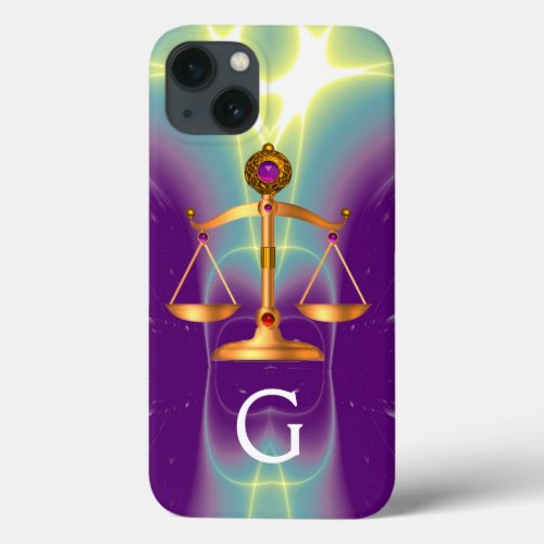 GOLD SCALES OF LAW WITH GEM STONES MONOGRAM iPhone 13 CASE