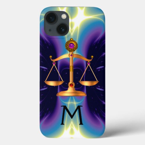 GOLD SCALES OF LAW WITH GEM STONES MONOGRAM iPhone 13 CASE