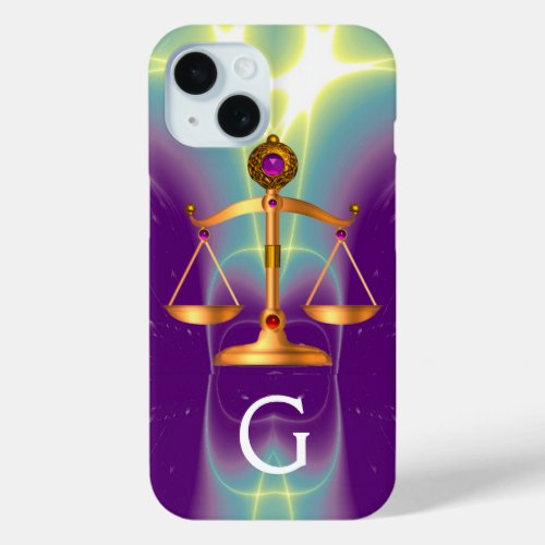 GOLD SCALES OF LAW WITH GEM STONES MONOGRAM iPhone 15 CASE