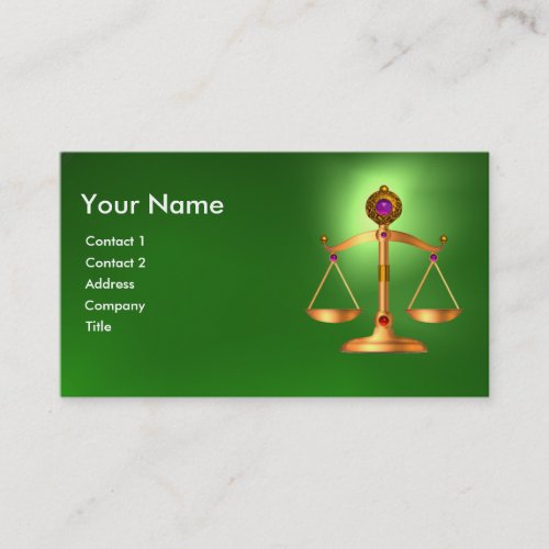 GOLD SCALES OF LAW WITH GEM STONES MONOGRAM Green Business Card