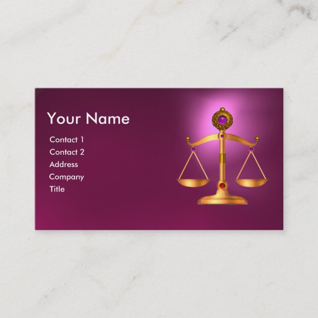 GOLD SCALES OF LAW WITH GEM STONES MONOGRAM Pink Business Card (Front)