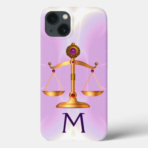 GOLD SCALES OF LAW WITH GEM STONES MONOGRAM Pink iPhone 13 Case
